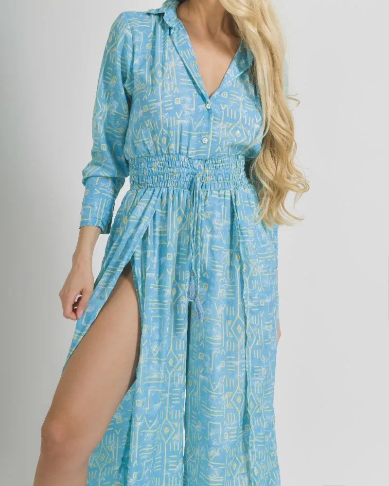 ΟΛΟΣΩΜΗ ΦΟΡΜΑ ΜΑΚΡΥ ΣΕ ΓΑΛΑΖΙΟ ΧΡΩΜΑ ΜΕ ΓΕΩΜΕΤΡΙΚΑ ΣΧΕΔΙΑ ONE SIZE  (100% CREPE)