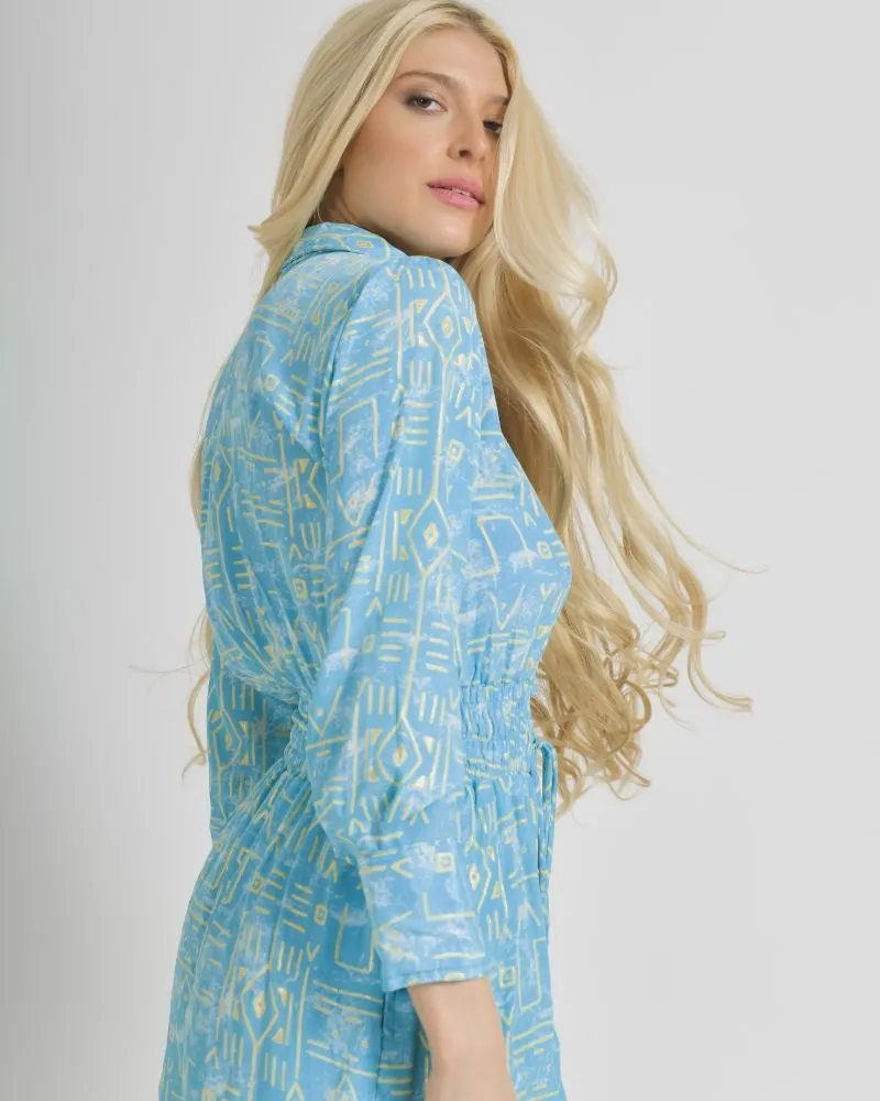 ΟΛΟΣΩΜΗ ΦΟΡΜΑ ΜΑΚΡΥ ΣΕ ΓΑΛΑΖΙΟ ΧΡΩΜΑ ΜΕ ΓΕΩΜΕΤΡΙΚΑ ΣΧΕΔΙΑ ONE SIZE  (100% CREPE)