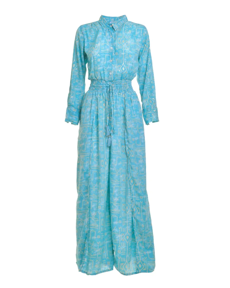 ΟΛΟΣΩΜΗ ΦΟΡΜΑ ΜΑΚΡΥ ΣΕ ΓΑΛΑΖΙΟ ΧΡΩΜΑ ΜΕ ΓΕΩΜΕΤΡΙΚΑ ΣΧΕΔΙΑ ONE SIZE  (100% CREPE)