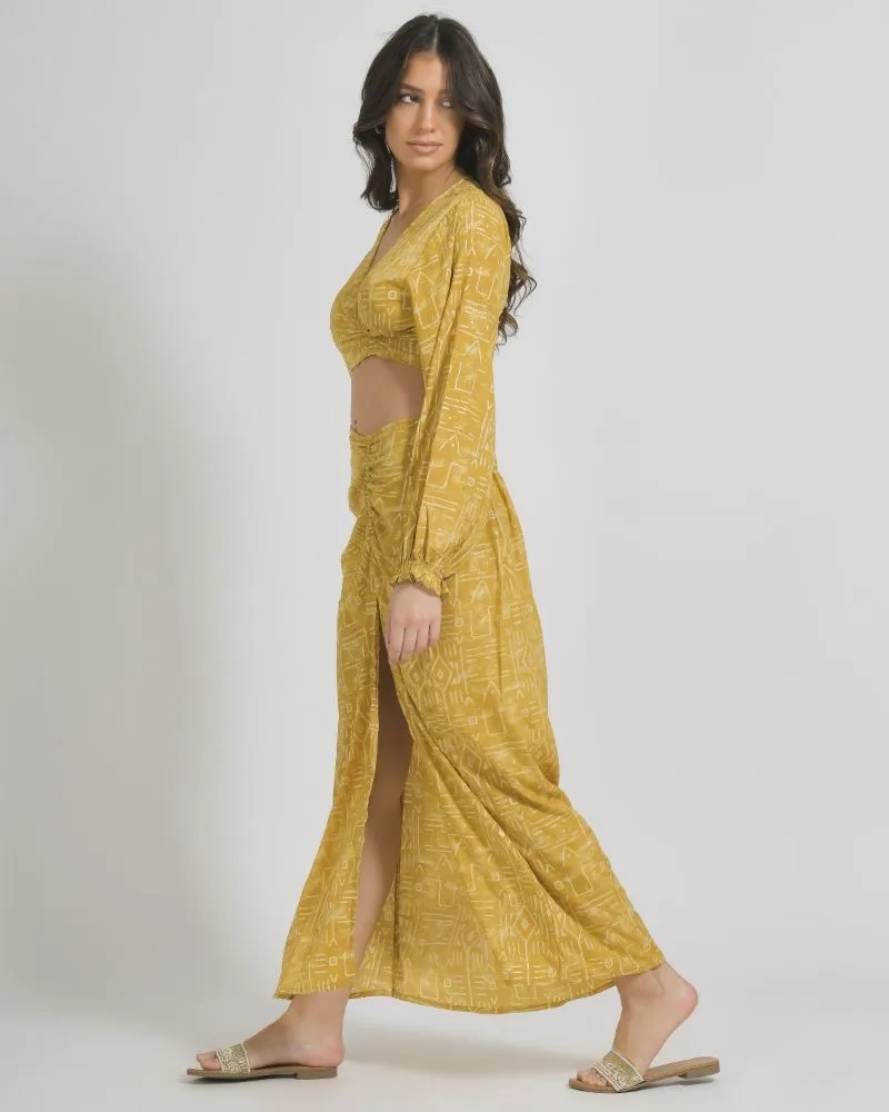 ΦΟΥΣΤΑ/ΠΑΡΕΟ ΣΕ ΜΟΥΣΤΑΡΔΙ ΧΡΩΜΑ ΜΕ ΓΕΩΜΕΤΡΙΚΑ ΣΧΕΔΙΑ S/M (100% CREPE)