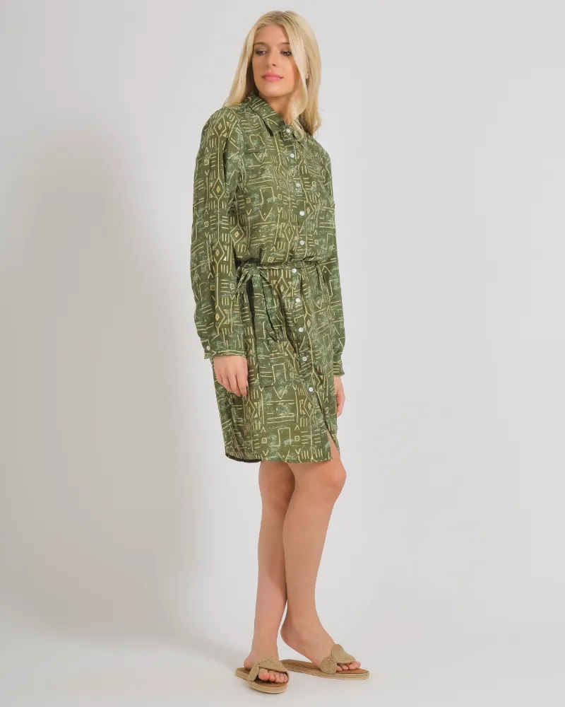 ΠΟΥΚΑΜΙΣΑ ΜΑΚΡΥΜΑΝΙΚΗ ΜΕ ΖΩΝΗ ΣΕ ΛΑΔΙ ΧΡΩΜΑ ΜΕ ΓΕΩΜΕΤΡΙΚΑ ΣΧΕΔΙΑ ONE SIZE  (100% CREPE)