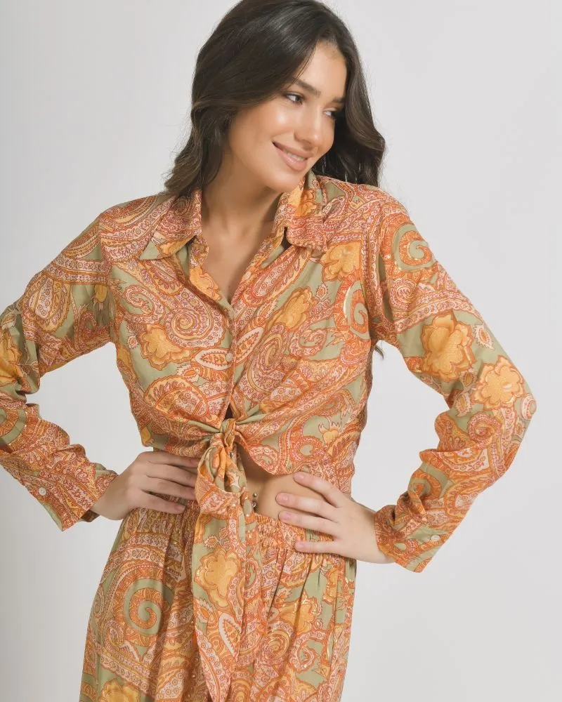 ΤΟΠ/ΠΟΥΚΑΜΙΣΑΚΙ ΜΕ ΔΕΣΙΜΟ ΣΕ ΠΟΡΤΟΚΑΛΙ/ΓΚΡΙ ΧΡΩΜΑ ΜΕ ΧΡΥΣΕΣ ΛΕΠΤΟΜΕΡΕΙΕΣ ONE SIZE  (100% CREPE) .