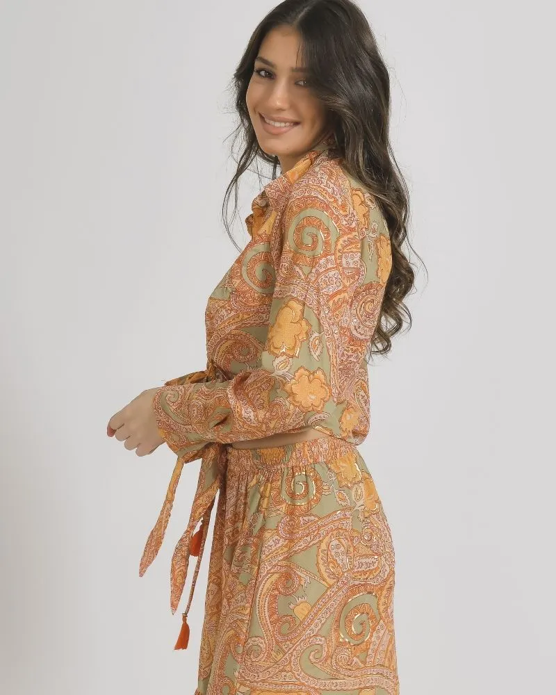 ΤΟΠ/ΠΟΥΚΑΜΙΣΑΚΙ ΜΕ ΔΕΣΙΜΟ ΣΕ ΠΟΡΤΟΚΑΛΙ/ΓΚΡΙ ΧΡΩΜΑ ΜΕ ΧΡΥΣΕΣ ΛΕΠΤΟΜΕΡΕΙΕΣ ONE SIZE  (100% CREPE) .