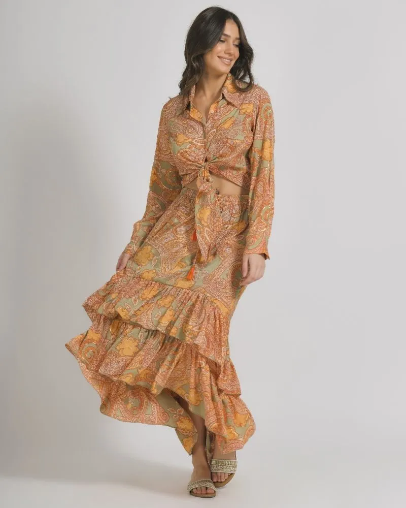 ΦΟΥΣΤΑ ΜΑΚΡΙΑ ME ΒΟΛΑΝ ΣΕ ΠΟΡΤΟΚΑΛΙ/ΓΚΡΙ ΧΡΩΜΑ ΜΕ ΧΡΥΣΕΣ ΛΕΠΤΟΜΕΡΕΙΕΣ M/L (100% CREPE)