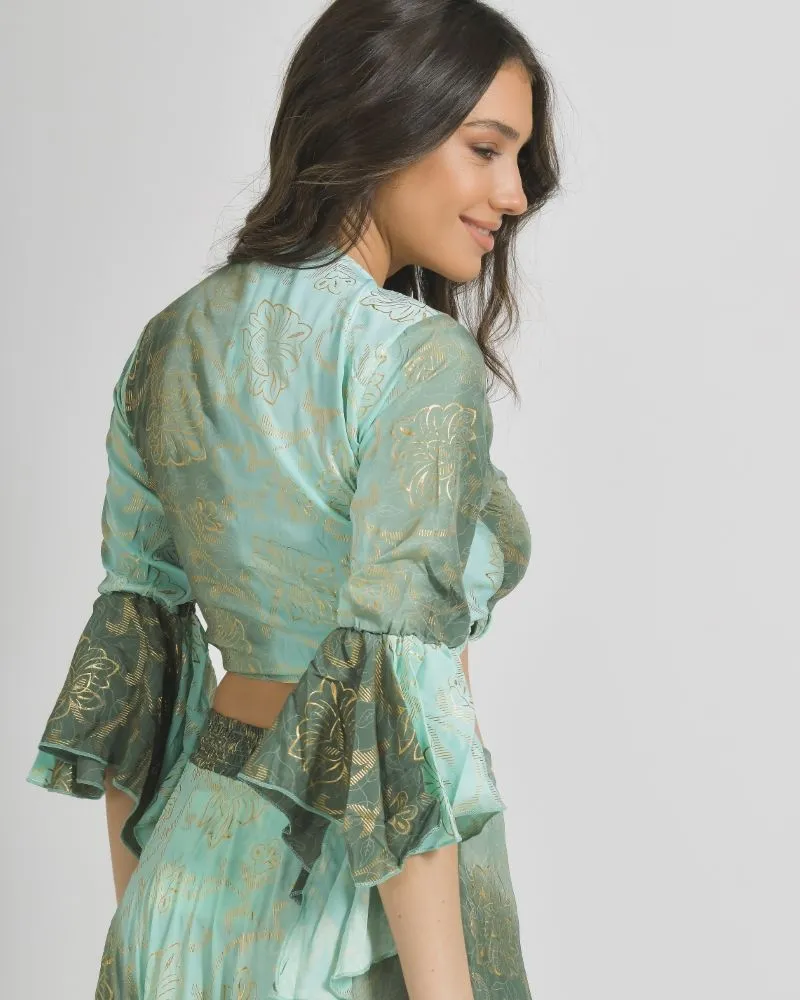 ΤΟΠ/ΜΠΛΟΥΖΑΚΙ ΣΕ ΠΡΑΣΙΝΟ/ΜΠΛΕ ΧΡΩΜΑ ΟΜΠΡΕ ΜΕ ΧΡΥΣΕΣ ΛΕΠΤΟΜΕΡΕΙΕΣ ONE SIZE  (100% CREPE)