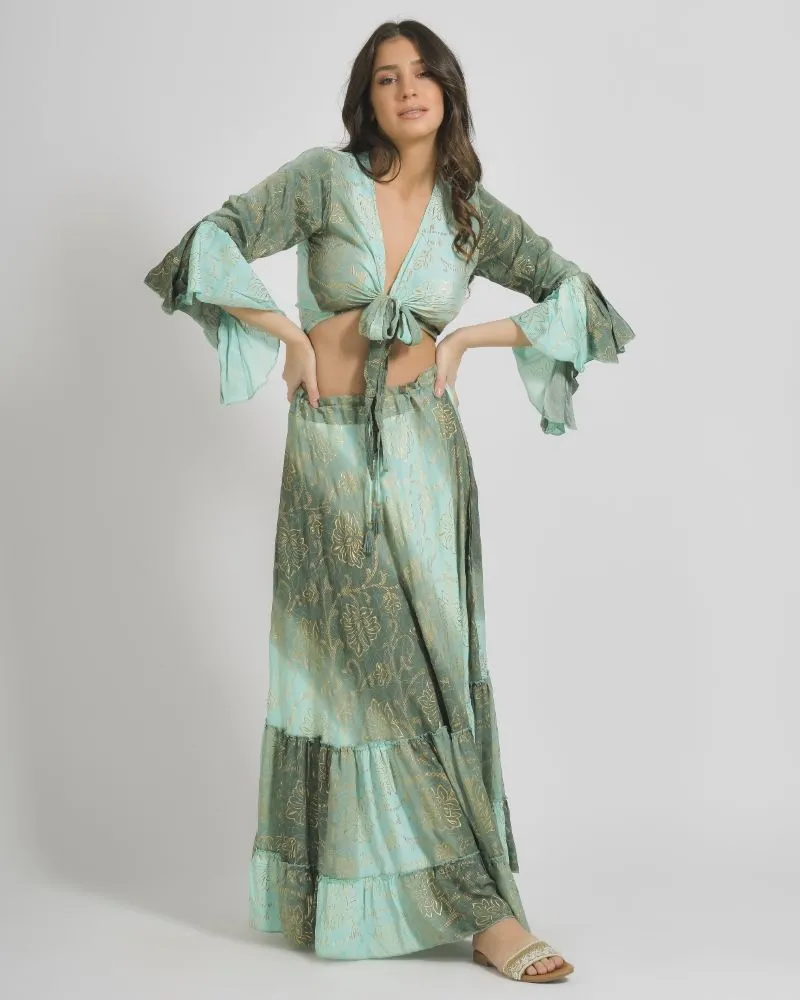 ΤΟΠ/ΜΠΛΟΥΖΑΚΙ ΣΕ ΠΡΑΣΙΝΟ/ΜΠΛΕ ΧΡΩΜΑ ΟΜΠΡΕ ΜΕ ΧΡΥΣΕΣ ΛΕΠΤΟΜΕΡΕΙΕΣ ONE SIZE  (100% CREPE)