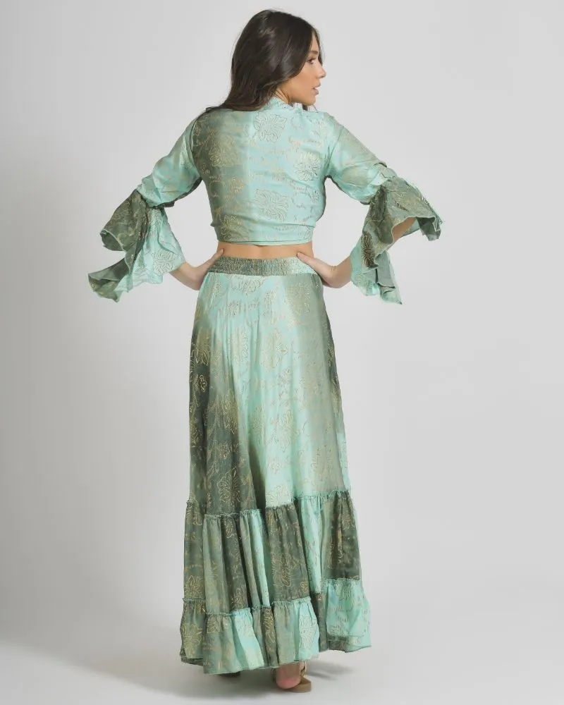 ΤΟΠ/ΜΠΛΟΥΖΑΚΙ ΣΕ ΠΡΑΣΙΝΟ/ΜΠΛΕ ΧΡΩΜΑ ΟΜΠΡΕ ΜΕ ΧΡΥΣΕΣ ΛΕΠΤΟΜΕΡΕΙΕΣ ONE SIZE  (100% CREPE)