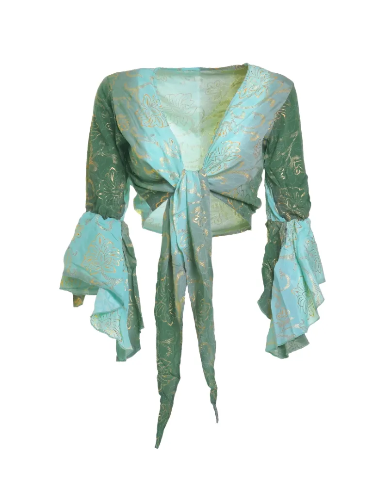 ΤΟΠ/ΜΠΛΟΥΖΑΚΙ ΣΕ ΠΡΑΣΙΝΟ/ΜΠΛΕ ΧΡΩΜΑ ΟΜΠΡΕ ΜΕ ΧΡΥΣΕΣ ΛΕΠΤΟΜΕΡΕΙΕΣ ONE SIZE  (100% CREPE)