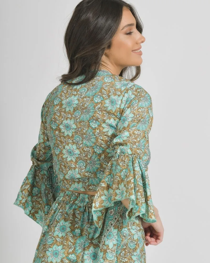 ΤΟΠ/ΜΠΛΟΥΖΑΚΙ ΣΕ ΚΑΦΕ/ΠΡΑΣΙΝΟ ΧΡΩΜΑ ΜΕ ΧΡΥΣΕΣ ΛΕΠΤΟΜΕΡΕΙΕΣ ONE SIZE  (100% CREPE)