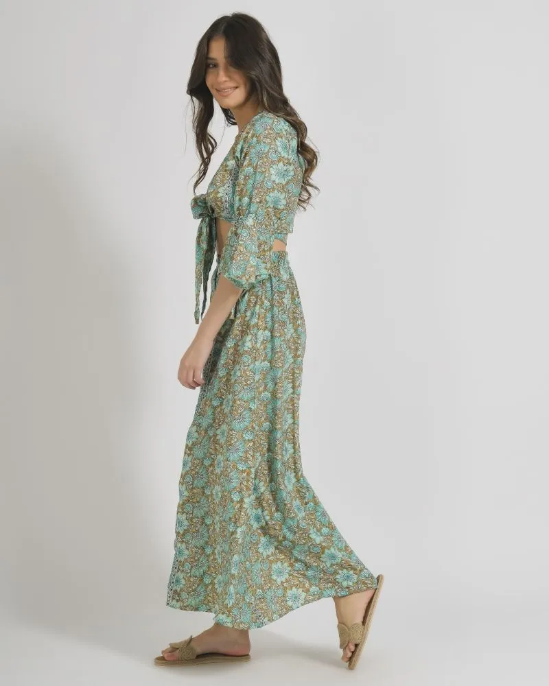 ΦΟΥΣΤΑ ΜΑΚΡΙΑ ΜΕ ΚΟΥΜΠΙΑ ΣΕ ΚΑΦΕ/ΠΡΑΣΙΝΟ ΧΡΩΜΑ ΜΕ ΧΡΥΣΕΣ ΛΕΠΤΟΜΕΡΕΙΕΣ M/L(100% CREPE)