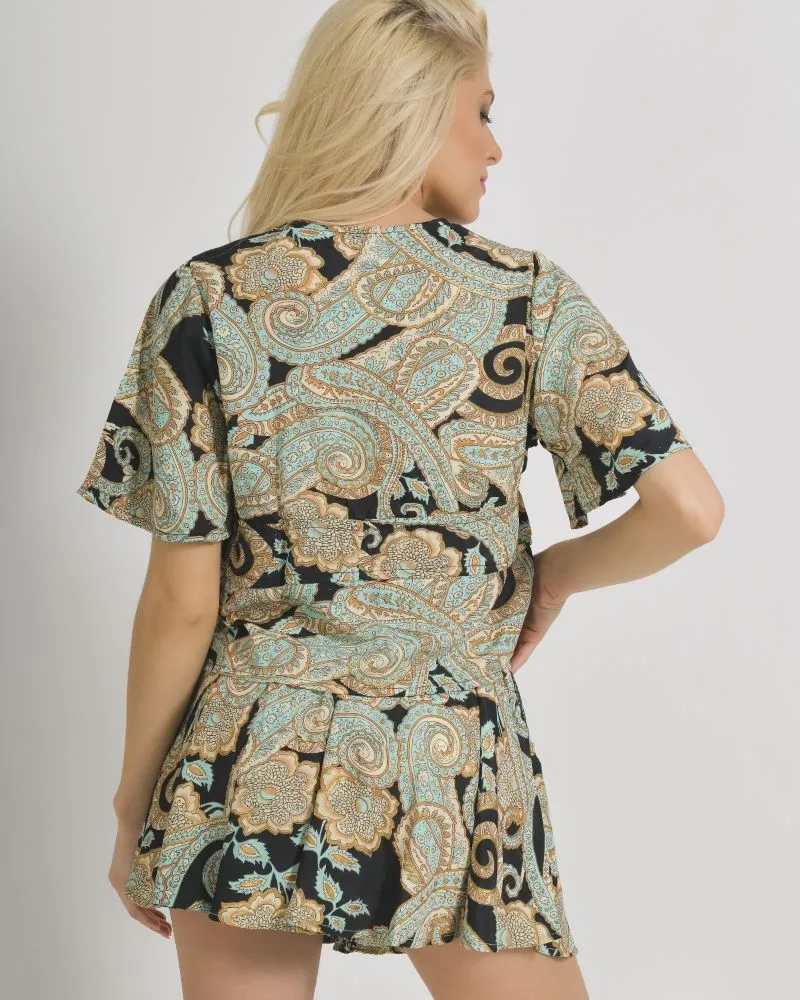 ΤΟΠ/ΜΠΛΟΥΖΑΚΙ ΜΕ ΚΟΝΤΟ ΜΑΝΙΚΙ ΣΕ ΜΑΥΡΟ/ΜΠΕΖ/ΧΑΚΙ ΧΡΩΜΑ ΜΕ ΧΡΥΣΕΣ ΛΕΠΤΟΜΕΡΕΙΕΣ ONE SIZE  (100% CREPE)