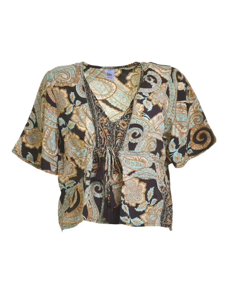 ΤΟΠ/ΜΠΛΟΥΖΑΚΙ ΜΕ ΚΟΝΤΟ ΜΑΝΙΚΙ ΣΕ ΜΑΥΡΟ/ΜΠΕΖ/ΧΑΚΙ ΧΡΩΜΑ ΜΕ ΧΡΥΣΕΣ ΛΕΠΤΟΜΕΡΕΙΕΣ ONE SIZE  (100% CREPE)