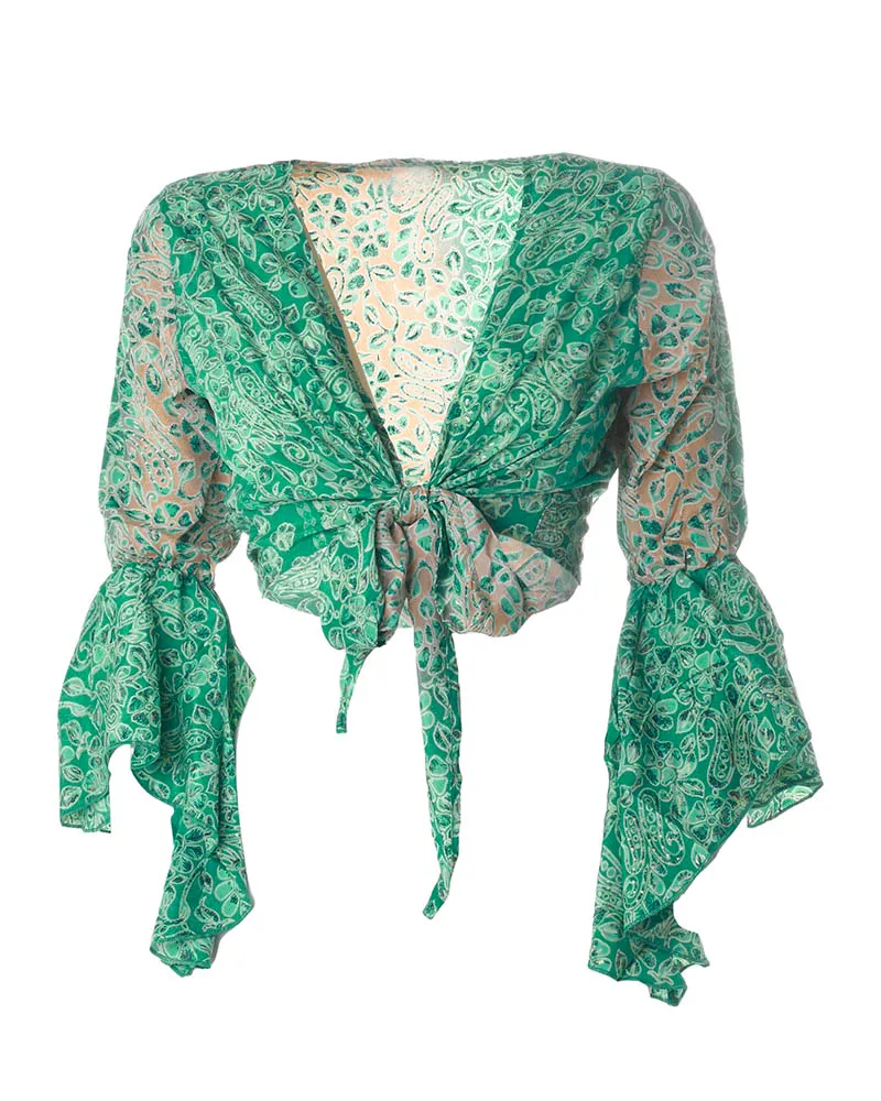 ΤΟΠ/ΜΠΛΟΥΖΑΚΙ  ΣΕ ΠΡΑΣΙΝΟ/ΜΠΕΖ ΧΡΩΜΑ ΜΕ ΧΡΥΣΑ ΣΧΕΔΙΑ ONE SIZE (100% CREPE)