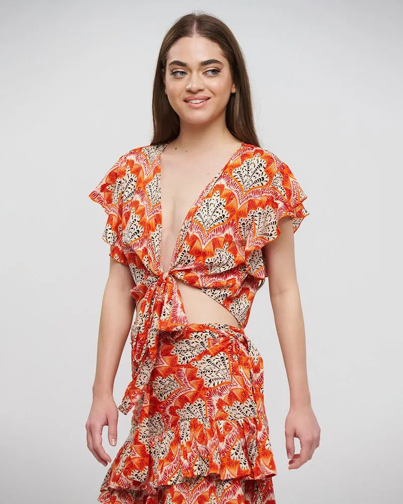 ΤΟΠ/ΜΠΛΟΥΖΑΚΙ ΔΕΤΟ ΣΕ ΠΟΡΤΟΚΑΛΙ/ΚΟΚΚΙΝΟ ΧΡΩΜΑ ΜΕ ΧΡΥΣΕΣ ΛΕΠΤΟΜΕΡΕΙΕΣ ONE SIZE (100% CREPE)