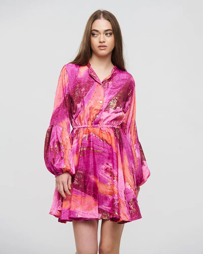 ΦΟΡΕΜΑ ΚΟΝΤΟ ΜΕ 3/4 ΜΑΝΙΚΙ ΣΕ ΜΩΒ/ΡΟΖ ΧΡΩΜΑ ΚΑΙ ΧΡΥΣΕΣ ΛΕΠΤΟΜΕΡΕΙΕΣ ONE SIZE(100% CREPE)