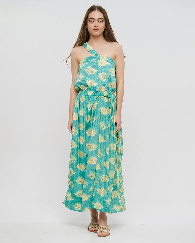 ΦΟΡΕΜΑ ΜΑΚΡΥ ΜΕ 1 ΩΜΟ ΤΥΡΚΟΥΑΖ/ΠΡΑΣΙΝΟ ΜΕ ΦΥΛΛΑ ΚΑΙ ΧΡΥΣΕΣ ΛΕΠΤΟΜΕΡΕΙΕΣ ONE SIZE(100% CREPE)