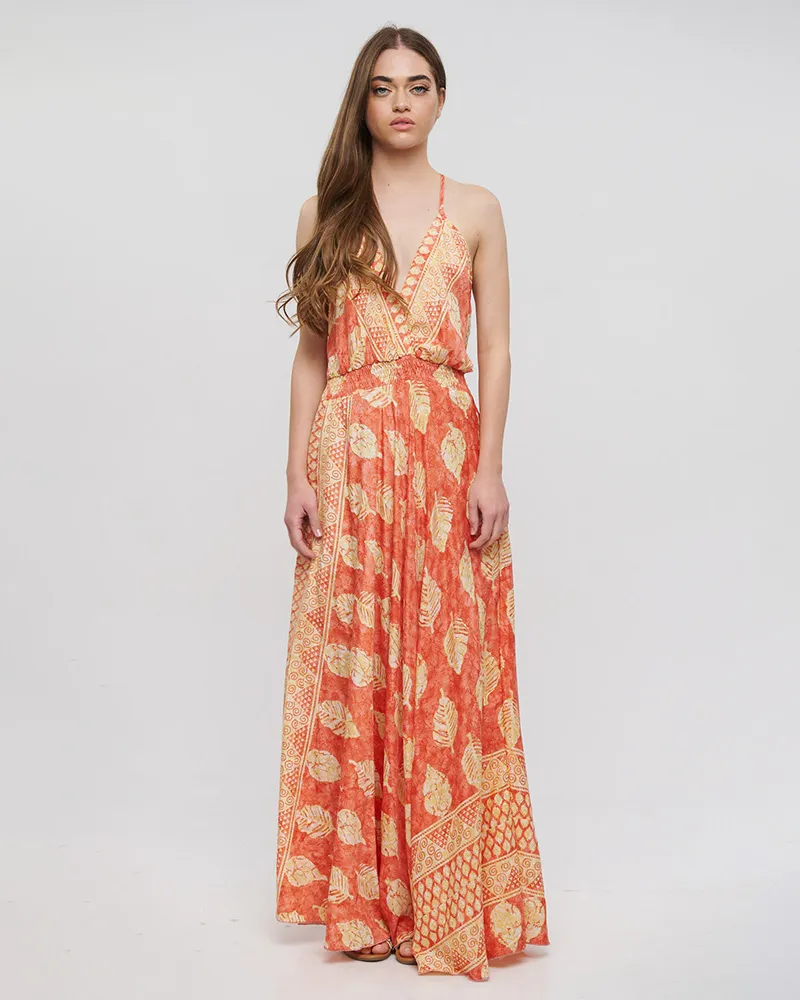 ΦΟΡΕΜΑ ΜΑΚΡΥ ΕΞΩΠΛΑΤΟ ΜΕ ΒΟΛΑΝ ΠΟΡΤΟΚΑΛΙ ΜΕ ΦΥΛΛΑ ΚΑΙ ΧΡΥΣΕΣ ΛΕΠΤΟΜΕΡΕΙΕΣ ONE SIZE(100% CREPE)