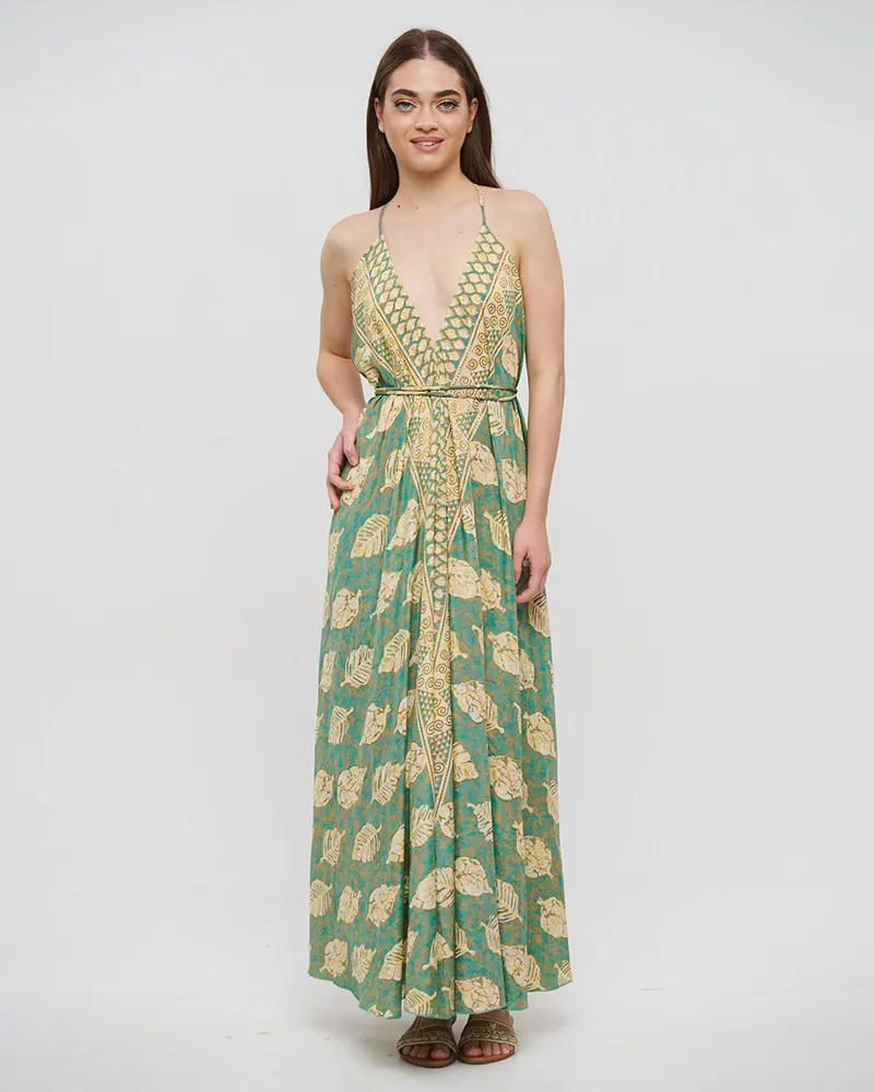 ΦΟΡΕΜΑ ΜΑΚΡΥ ΕΞΩΠΛΑΤO ΠΡΑΣΙΝΟ/ΚΑΦΕ ΜΕ ΦΥΛΛΑ ΚΑΙ ΧΡΥΣΕΣ ΛΕΠΤΟΜΕΡΕΙΕΣ ONE SIZE(100% CREPE)