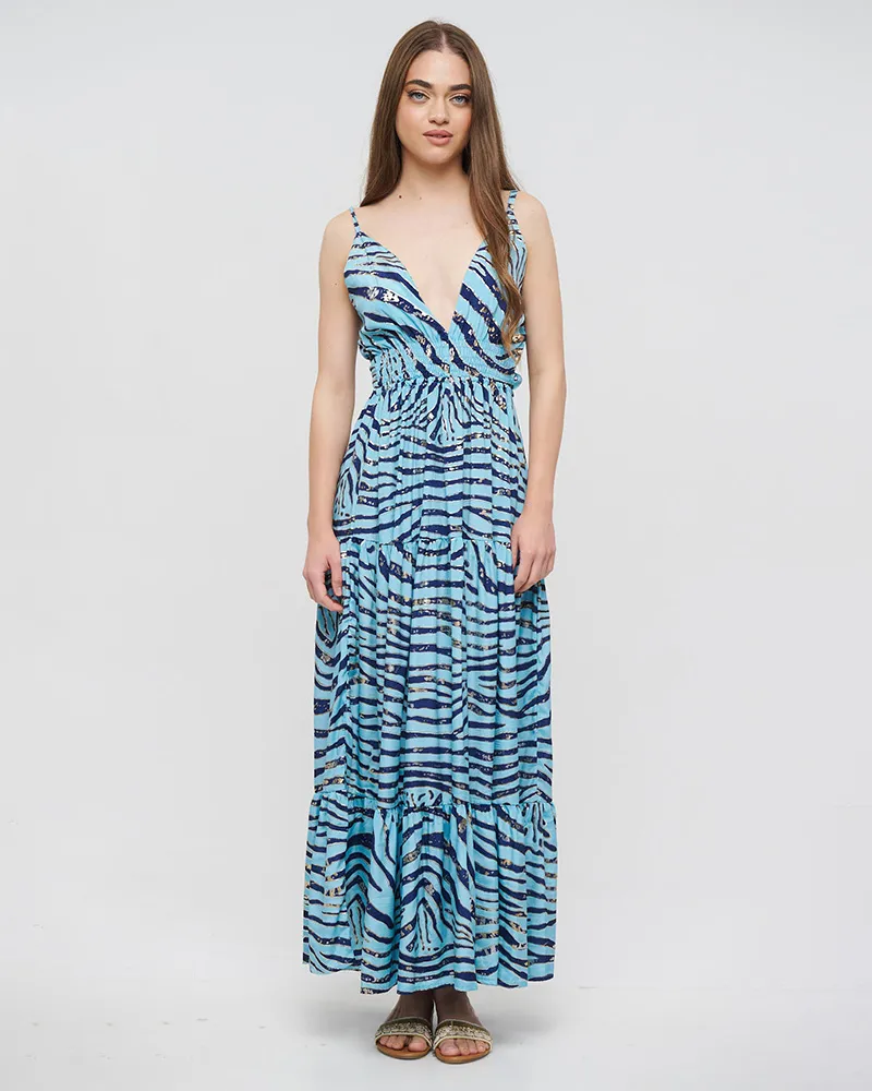 ΦΟΡΕΜΑ ΜΑΚΡΥ AMANIKO ΜΠΛΕ ”ΖΕΒΡΕ” ΜΕ ΑΣΗΜΙ/ΧΡΥΣΕΣ ΛΕΠΤΟΜΕΡΕΙΕΣ ONE SIZE(100% CREPE)