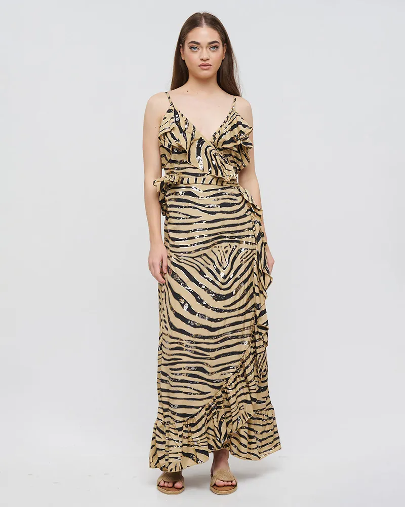 ΦΟΡΕΜΑ ΜΑΚΡΥ AMANIKO ΚΡΟΥΑΖΕ ΜΠΕΖ-ΜΑΥΡΟ ”ΖΕΒΡΕ” ΜΕ ΑΣΗΜΙ/ΧΡΥΣΕΣ ΛΕΠΤΟΜΕΡΕΙΕΣ ONE SIZE(100% CREPE)