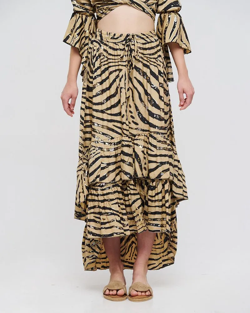 ΦΟΥΣΤΑ ΜΑΚΡΙΑ ΑΣΥΜΜΕΤΡΗ ΜΕ ΒΟΛΑΝ ΜΠΕΖ-ΜΑΥΡΟ ”ΖΕΒΡΕ” ΜΕ ΑΣΗΜΙ/ΧΡΥΣΕΣ ΛΕΠΤΟΜΕΡΕΙΕΣ S/M (100% CREPE)