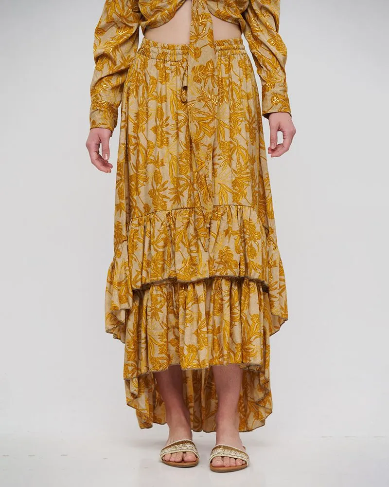 ΦΟΥΣΤΑ ΜΑΚΡΙΑ ΑΣΥΜΜΕΤΡΗ ΜΕ ΒΟΛΑΝ ΚΑΦΕ/ΜΟΥΣΤΑΡΔΙ ΜΕ ΧΡΥΣΕΣ ΛΕΠΤΟΜΕΡΕΙΕΣ S/M (100% CREPE)