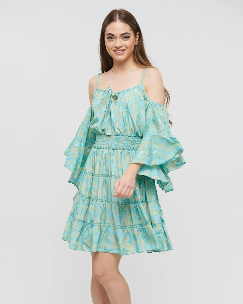 ΦΟΡΕΜΑ KONTO ΜΠΛΕ/ΓΑΛΑΖΙΟ ΜΕ ΧΡΥΣΕΣ ΛΕΠΤΟΜΕΡΕΙΕΣ ONE SIZE(100% CREPE)