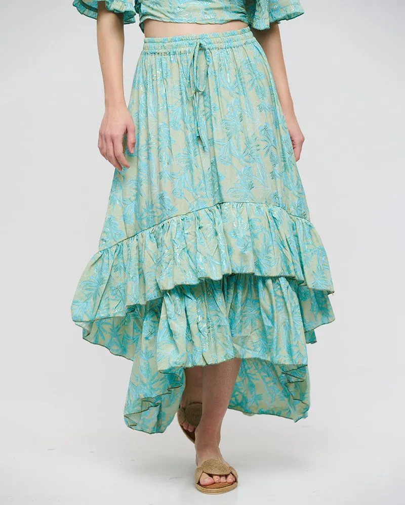 ΦΟΥΣΤΑ ΜΑΚΡΙΑ ΑΣΥΜΜΕΤΡΗ ΜΕ ΒΟΛΑΝ ΜΠΛΕ/ΓΑΛΑΖΙΟ ΜΕ ΧΡΥΣΕΣ ΛΕΠΤΟΜΕΡΕΙΕΣ S/Μ (100% CREPE)