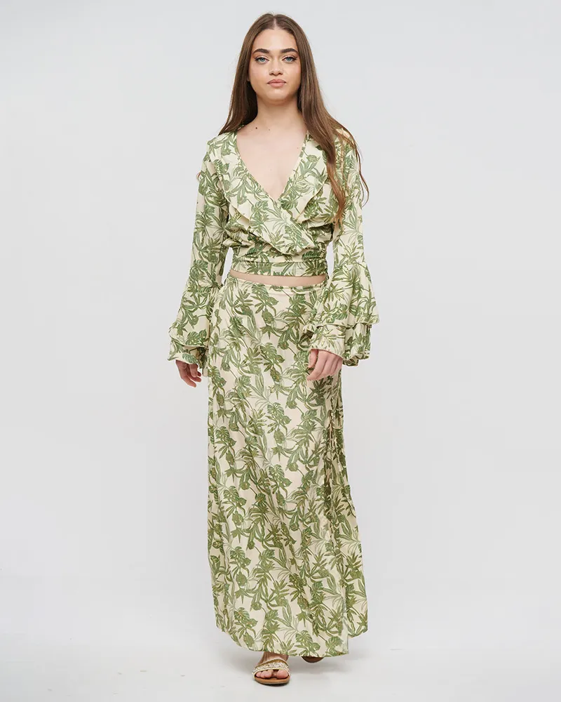 ΦΟΥΣΤΑ ΜΑΚΡΙΑ ΜΕ ΣΚΙΣΙΜΟ ΕΚΡΟΥ/ΠΡΑΣΙΝΟ ΜΕ ΧΡΥΣΕΣ ΛΕΠΤΟΜΕΡΕΙΕΣ S/Μ (100% CREPE)