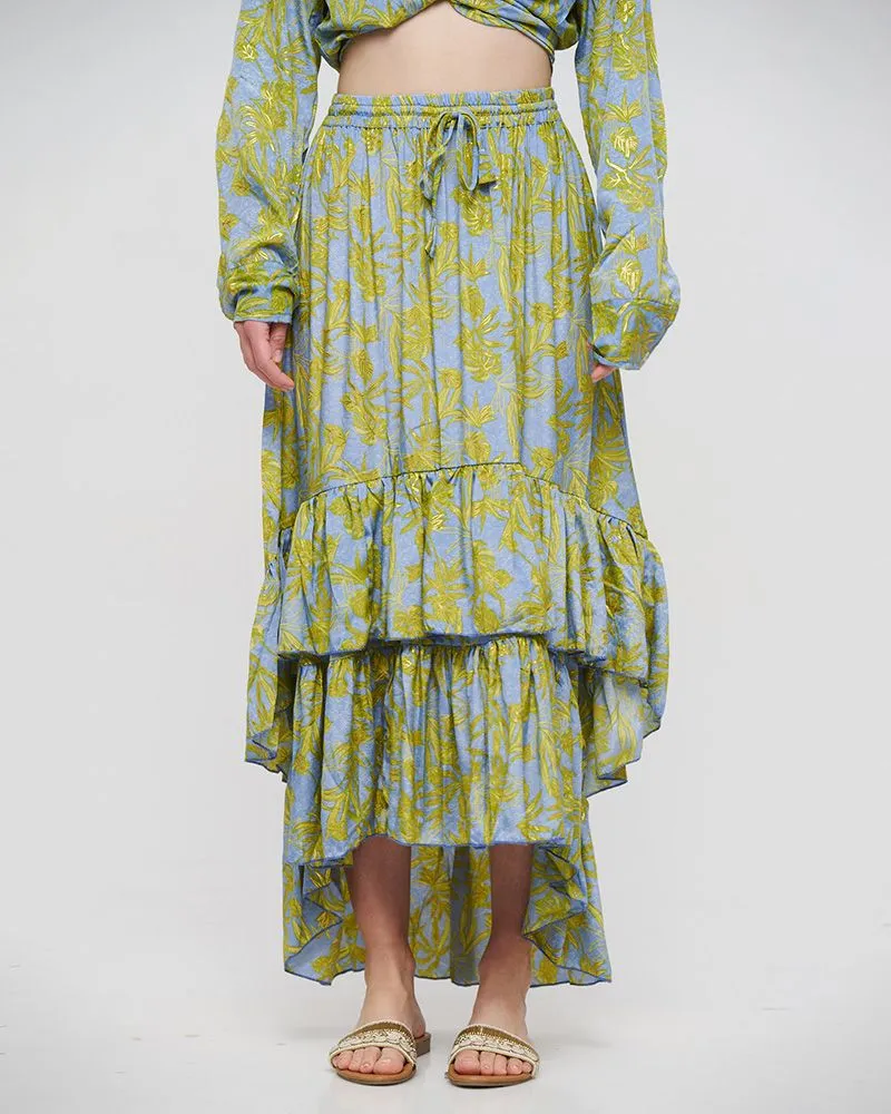 ΦΟΥΣΤΑ ΜΑΚΡΙΑ ΑΣΥΜΜΕΤΡΗ ΜΕ ΒΟΛΑΝ ΠΡΑΣΙΝΟ/ΜΠΛΕ ΜΕ ΧΡΥΣΕΣ ΛΕΠΤΟΜΕΡΕΙΕΣ M/L (100% CREPE)