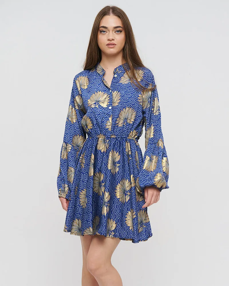 ΦΟΡΕΜΑ ΚΟΝΤΟ ΜΑΚΡΥΜΑΝΙΚΟ ΜΠΛΕ ΜΕ ΧΡΥΣΑ ΛΟΥΛΟΥΔΙΑ ONE SIZE(100% CREPE)