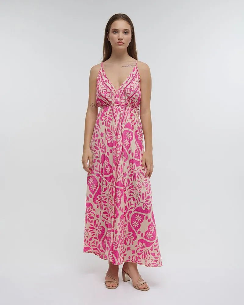 ΦΟΡΕΜΑ ΜΑΚΡΥ ΕΞΩΠΛΑΤΟ ΕΜΠΡΙΜΕ ΜΕ ΛΟΥΛΟΥΔΙΑ ΛΕΥΚΟ/ΡΟΖ ΜΕ ΧΡΥΣΕΣ ΛΕΠΤΟΜΕΡΕΙΕΣ ONE SIZE (100% CREPE)