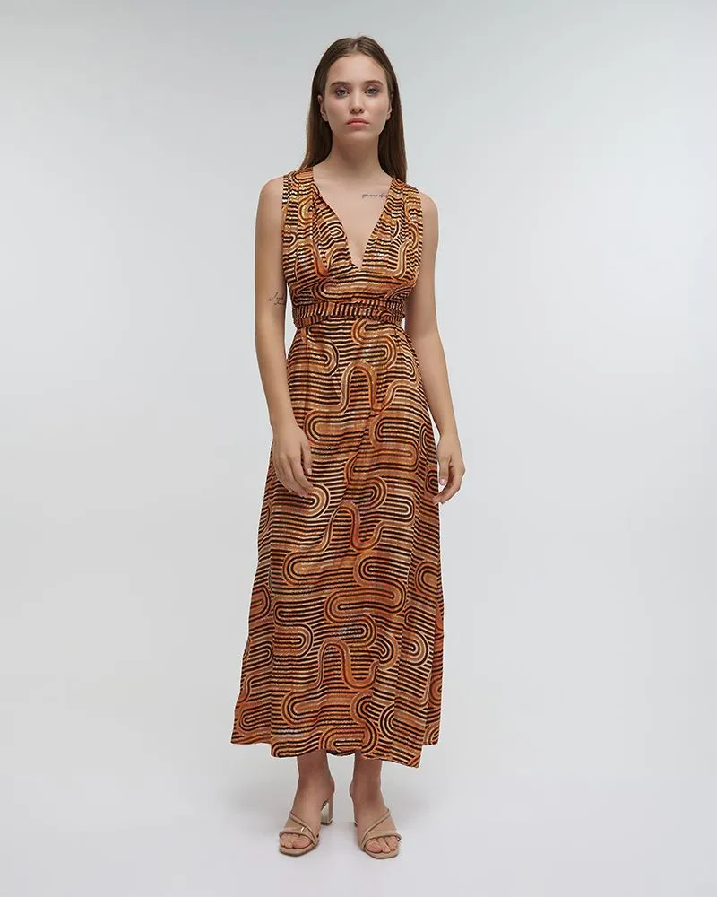 ΦΟΡΕΜΑ ΜΑΚΡΥ ΠΟΛΥΜΟΡΦΙΚΟ ΠΟΡΤΟΚΑΛΙ ΜΕ ΓΕΩΜΕΤΡΙΚΑ ΣΧΕΔΙΑ ΚΑΙ ΧΡΥΣΕΣ ΛΕΠΤΟΜΕΡΕΙΕΣ ONE SIZE (100%RAYON)