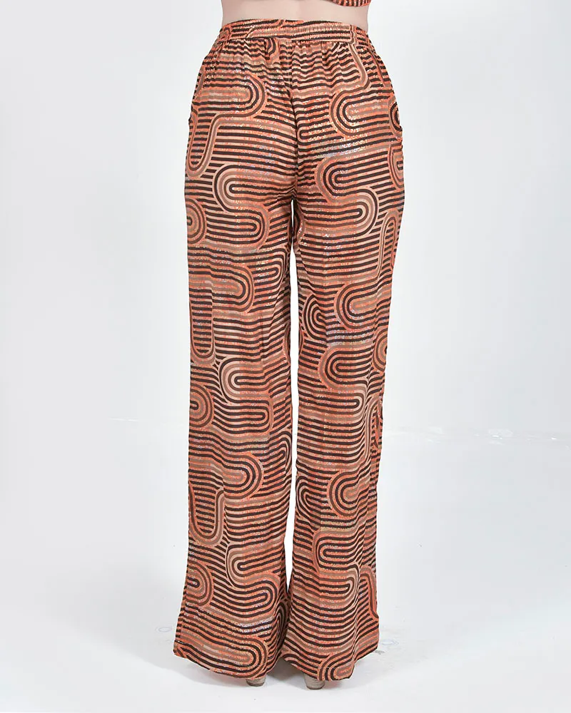 ΠΑΝΤΕΛΟΝΑ ΜΕ ΤΣΕΠΕΣ ΠΟΡΤΟΚΑΛΙ ΜΕ ΓΕΩΜΕΤΡΙΚΑ ΣΧΕΔΙΑ ΚΑΙ ΧΡΥΣΕΣ ΛΕΠΤΟΜΕΡΕΙΕΣ S/M (100% RAYON)