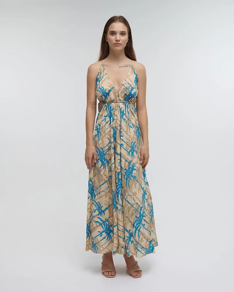 ΦΟΡΕΜΑ ΜΑΚΡΥ ΕΞΩΠΛΑΤΟ ”ΦΟΙΝΙΚΕΣ” ΤΙΡΚΟΥΑΖ/ΜΠΕΖ ΜΕ ΧΡΥΣΕΣ ΛΕΠΤΟΜΕΡΕΙΕΣ ONE SIZE (100% CREPE)