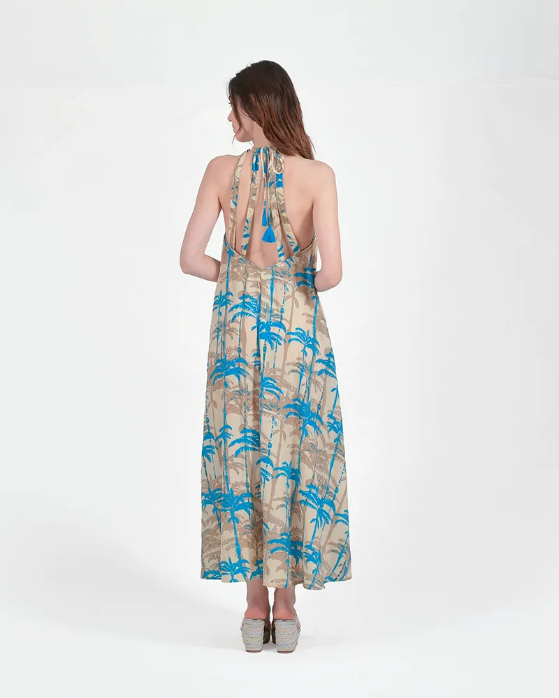 ΦΟΡΕΜΑ ΜΑΚΡΥ AMANIKO ''ΦΟΙΝΙΚΕΣ'' ΤΙΡΚΟΥΑΖ/ΜΠΕΖ ΜΕ ΧΡΥΣΕΣ ΛΕΠΤΟΜΕΡΕΙΕΣ ONE SIZE (100% CREPE)