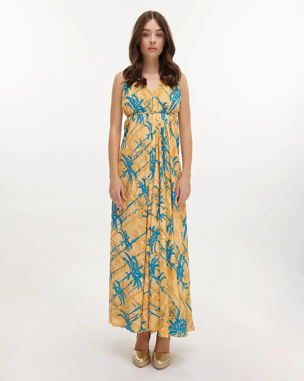 ΦΟΡΕΜΑ ΜΑΚΡΥ ΕΞΩΠΛΑΤΟ ''ΦΟΙΝΙΚΕΣ'' ΤΙΡΚΟΥΑΖ/ΠΟΡΤΟΚΑΛΙ ΜΕ ΧΡΥΣΕΣ ΛΕΠΤΟΜΕΡΕΙΕΣ ONE SIZE (100% CREPE)