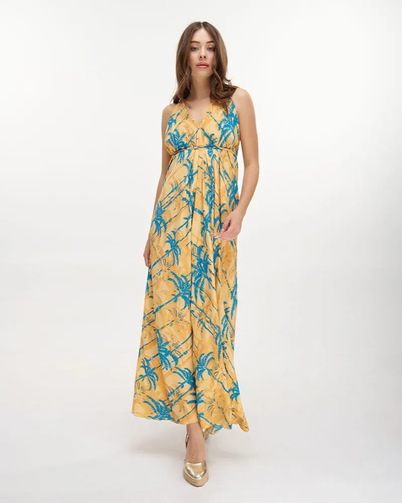 ΦΟΡΕΜΑ ΜΑΚΡΥ ΕΞΩΠΛΑΤΟ ”ΦΟΙΝΙΚΕΣ” ΤΙΡΚΟΥΑΖ/ΠΟΡΤΟΚΑΛΙ ΜΕ ΧΡΥΣΕΣ ΛΕΠΤΟΜΕΡΕΙΕΣ ONE SIZE (100% CREPE)