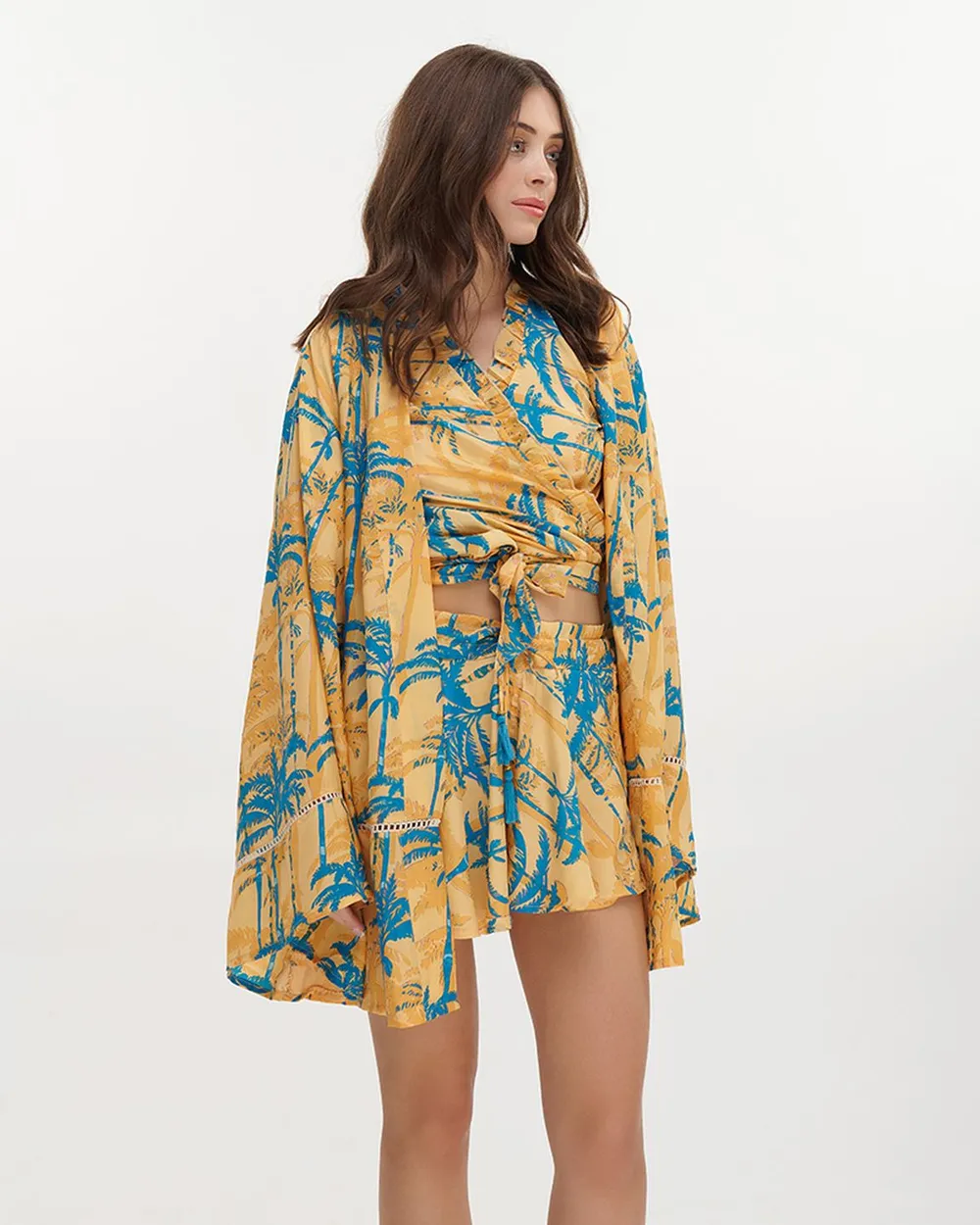 ΚΙΜΟΝΟ ΚΟΝΤΟ ''ΦΟΙΝΙΚΕΣ'' ΤΙΡΚΟΥΑΖ/ΠΟΡΤΟΚΑΛΙ ΜΕ ΧΡΥΣΕΣ ΛΕΠΤΟΜΕΡΕΙΕΣ ONE SIZE (100% CREPE)