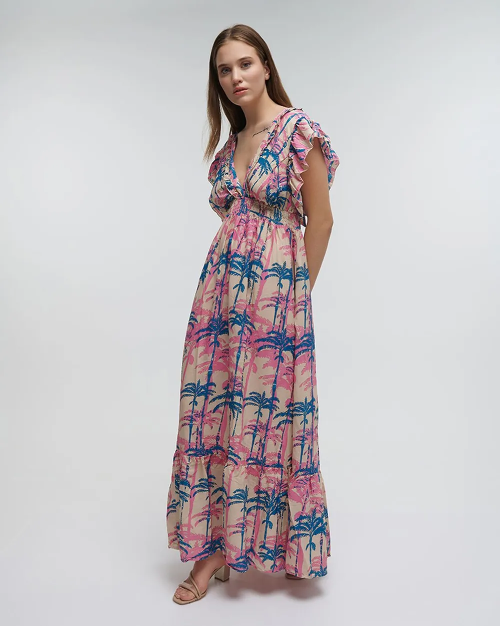 ΦΟΡΕΜΑ ΜΑΚΡΥ ΜΕ ΚΟΝΤΟ ΜΑΝΙΚΙ ''ΦΟΙΝΙΚΕΣ'' ΤΙΡΚΟΥΑΖ/ΡΟΖ ΜΕ ΧΡΥΣΕΣ ΛΕΠΤΟΜΕΡΕΙΕΣ ONE SIZE (100% CREPE)