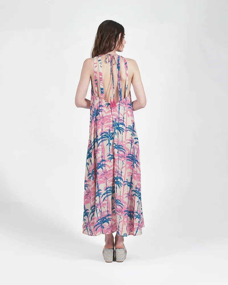 ΦΟΡΕΜΑ ΜΑΚΡΥ AMANIKO ''ΦΟΙΝΙΚΕΣ'' ΤΙΡΚΟΥΑΖ/ΡΟΖ ΜΕ ΧΡΥΣΕΣ ΛΕΠΤΟΜΕΡΕΙΕΣ ONE SIZE (100% CREPE)