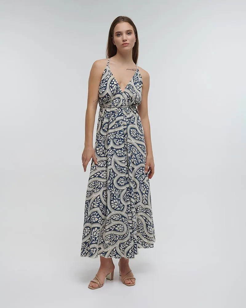 ΦΟΡΕΜΑ ΜΑΚΡΥ ΕΞΩΠΛΑΤΟ ΕΜΠΡΙΜΕ ΜΕ ΦΥΛΛΑ ΜΠΛΕ/ΛΕΥΚΟ ΜΕ ΧΡΥΣΕΣ ΛΕΠΤΟΜΕΡΕΙΕΣ ONE SIZE (100% CREPE)