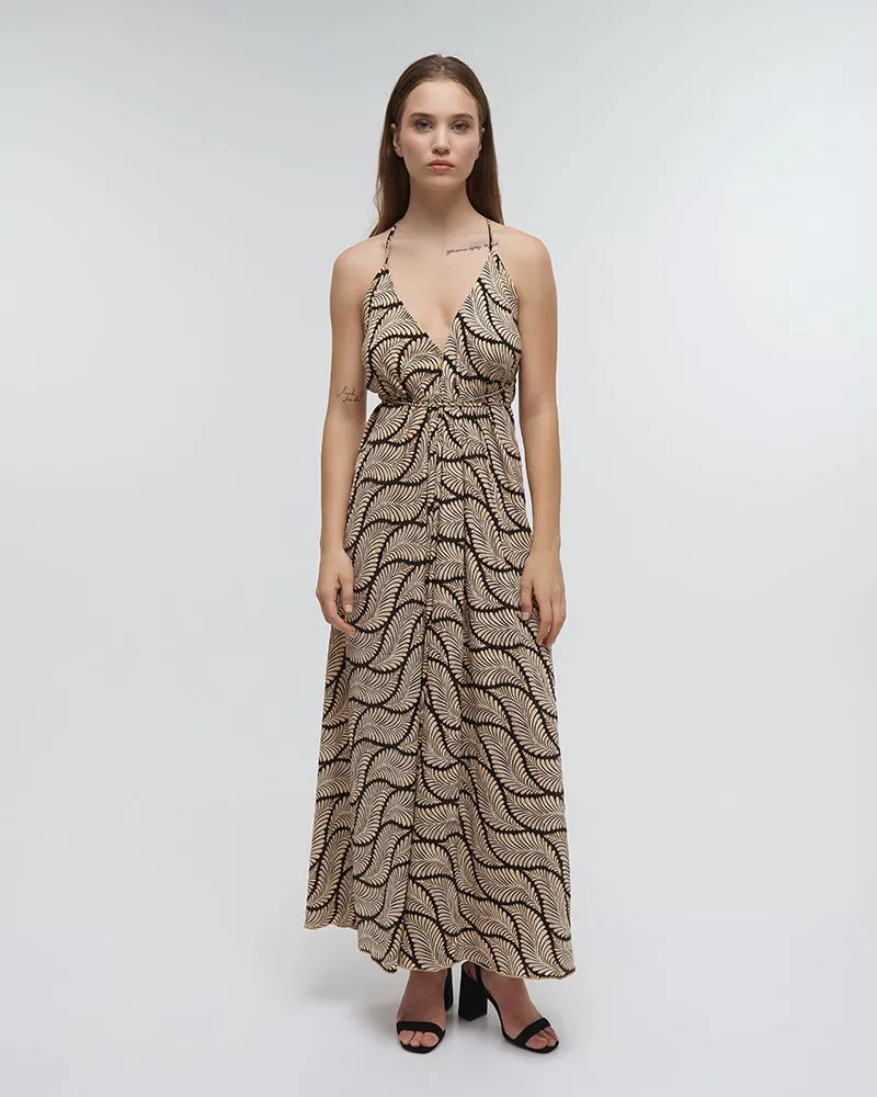 ΦΟΡΕΜΑ ΜΑΚΡΥ ΕΞΩΠΛΑΤΟ ”ΦΥΛΛΟ” ΜΑΥΡΟ ΜΕ ΧΡΥΣΕΣ ΛΕΠΤΟΜΕΡΕΙΕΣ ONE SIZE (100%RAYON)