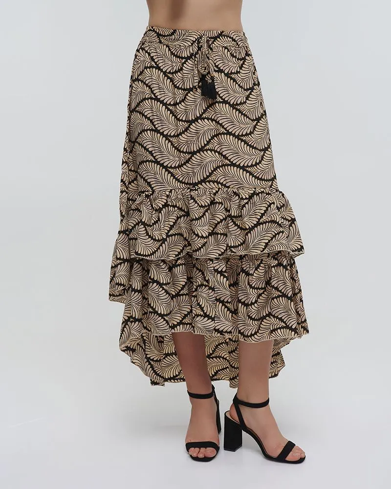 ΦΟΥΣΤΑ ΑΣΥΜΜΕΤΡΗ ΜΕ ΒΟΛΑΝ ”ΦΥΛΛΟ” ΜΑΥΡΟ ΜΕ ΧΡΥΣΕΣ ΛΕΠΤΟΜΕΡΕΙΕΣ ONE SIZE (100% RAYON)