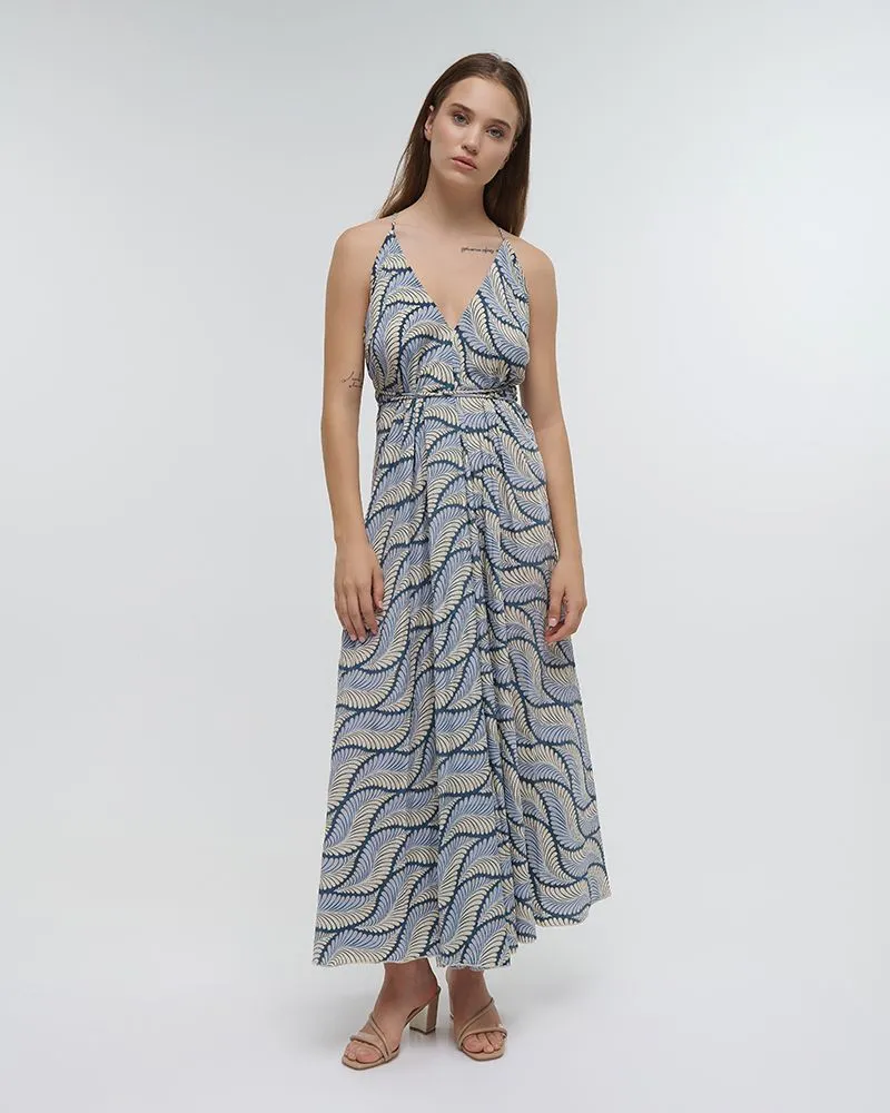 ΦΟΡΕΜΑ ΜΑΚΡΥ ΕΞΩΠΛΑΤΟ ”ΦΥΛΛΟ” ΜΠΛΕ ΜΕ ΧΡΥΣΕΣ ΛΕΠΤΟΜΕΡΕΙΕΣ ONE SIZE (100% RAYON)