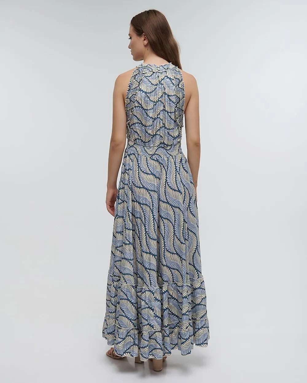 ΦΟΡΕΜΑ ΜΑΚΡΥ ΑΜΑΝΙΚΟ ”ΦΥΛΛΟ” ΜΠΛΕ ΜΕ ΧΡΥΣΕΣ ΛΕΠΤΟΜΕΡΕΙΕΣ ONE SIZE (100%RAYON)