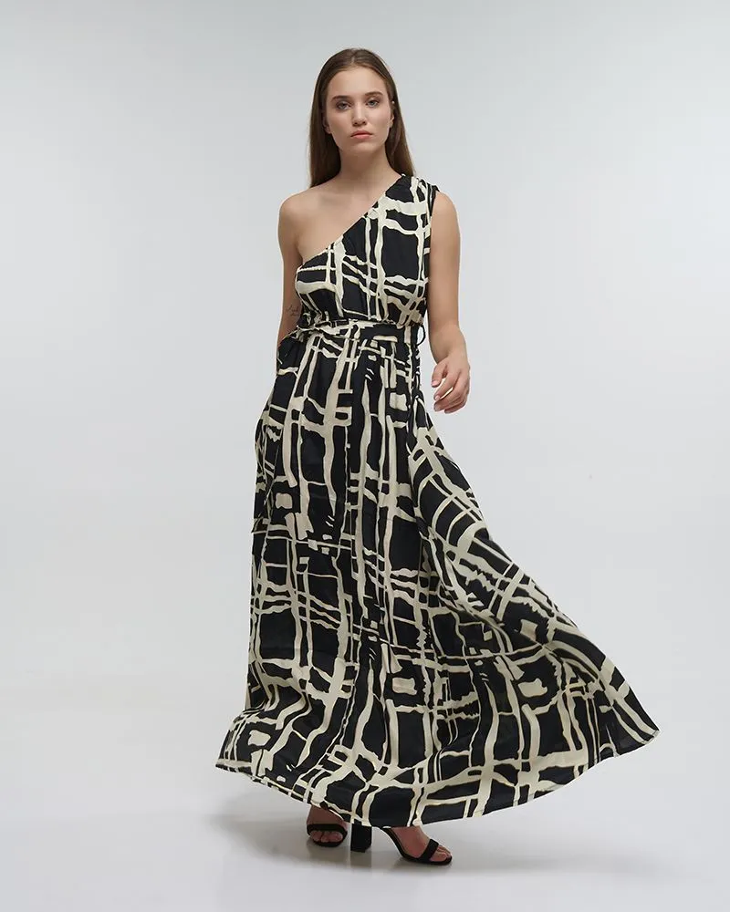 ΦΟΡΕΜΑ ΜΑΚΡΥ ΜΕ 1 ΩΜΟ ”BLOCKS” ΜΑΥΡΟ ΜΕ ΧΡΥΣΕΣ ΛΕΠΤΟΜΕΡΕΙΕΣ ONE SIZE (100% CREPE)