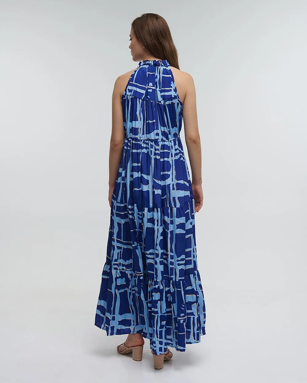 ΦΟΡΕΜΑ ΜΑΚΡΥ ΑΜΑΝΙΚΟ ”BLOCKS” ΜΠΛΕ ΜΕ ΧΡΥΣΕΣ ΛΕΠΤΟΜΕΡΕΙΕΣ ONE SIZE (100% CREPE)