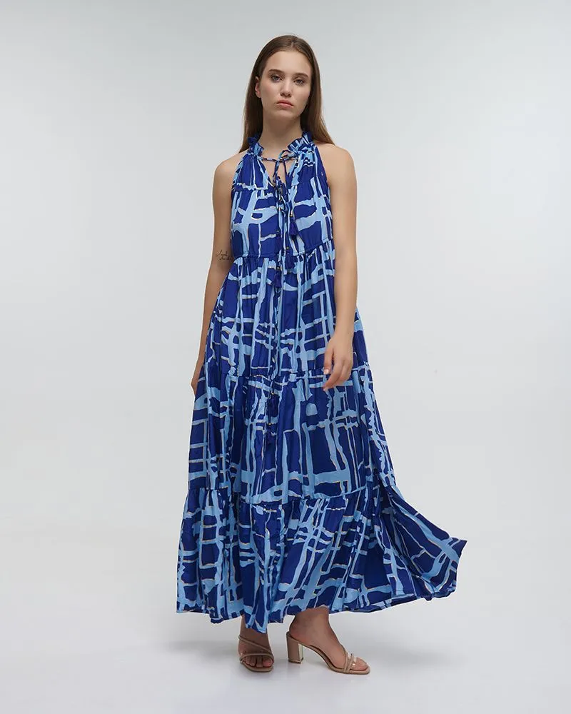 ΦΟΡΕΜΑ ΜΑΚΡΥ ΑΜΑΝΙΚΟ ”BLOCKS” ΜΠΛΕ ΜΕ ΧΡΥΣΕΣ ΛΕΠΤΟΜΕΡΕΙΕΣ ONE SIZE (100% CREPE)