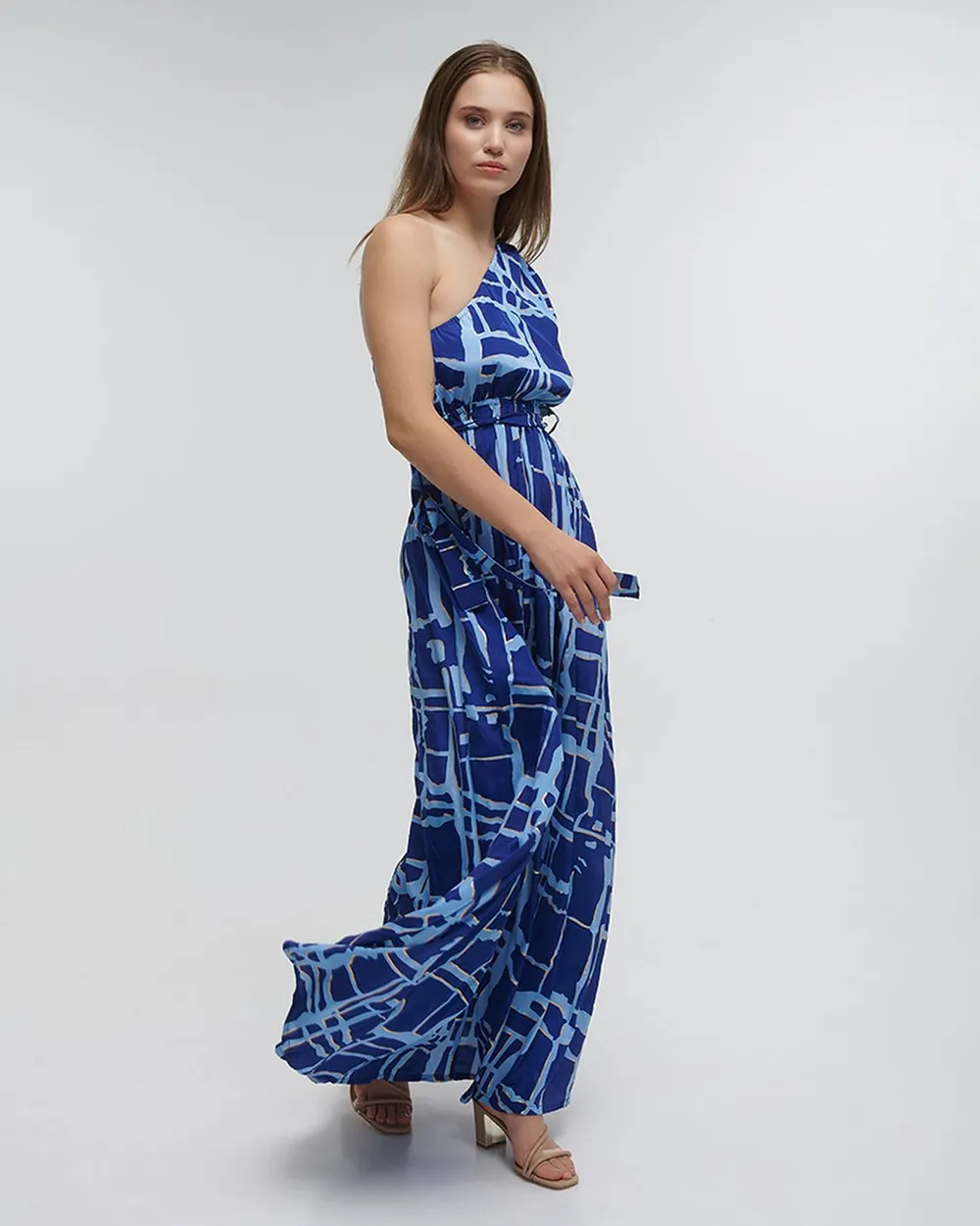 ΦΟΡΕΜΑ ΜΑΚΡΥ ΜΕ 1 ΩΜΟ ''BLOCKS'' ΜΠΛΕ ΜΕ ΧΡΥΣΕΣ ΛΕΠΤΟΜΕΡΕΙΕΣ ONE SIZE (100% CREPE)